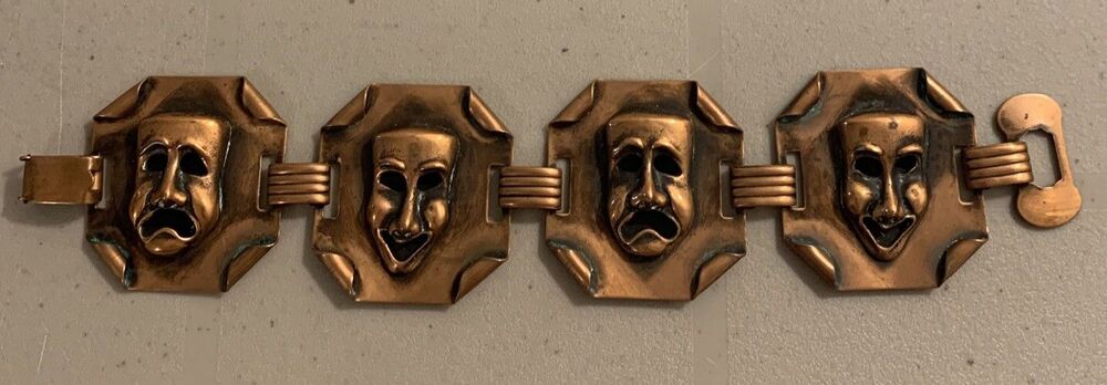 Vintage Comedy Tragedy Mask Bracelet 7.25” Copper Theater Drama Unique